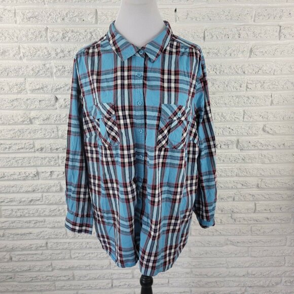 Roamans Women Shirt 26W Button Up Long Sleeve Collared Blue Plaid Pockets PLA9E - Picture 1 of 8